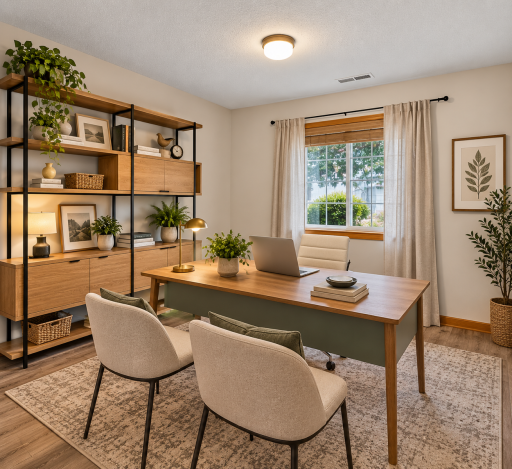 Virtually staged second bedroom showcasing its versatility as a bright, comfortable home office with plenty of space to work from home.