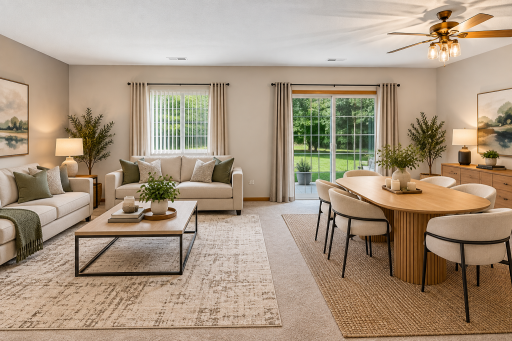 Virtually staged to highlight the generous living space and easy connection between the living, dining and kitchen areas.