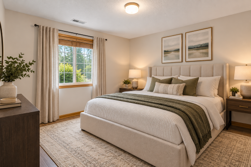 Virtually staged spacious primary bedroom featuring a large walk-in closet and plenty of room to create a comfortable retreat.