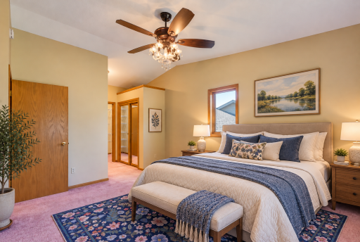 Primary bedroom with shared pass through bath and walk-in closet. Virtually staged.