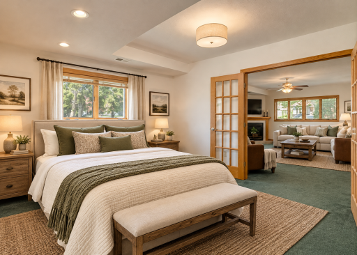 Lower Level bedroom (with garage access). Could flex for fantastic office space or primary bedroom. Virtually staged.