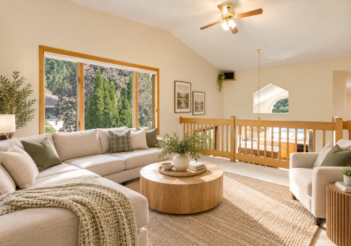 Upper living room overlooks the dining area and kitchen. Loaded with natural light! Virtually staged.