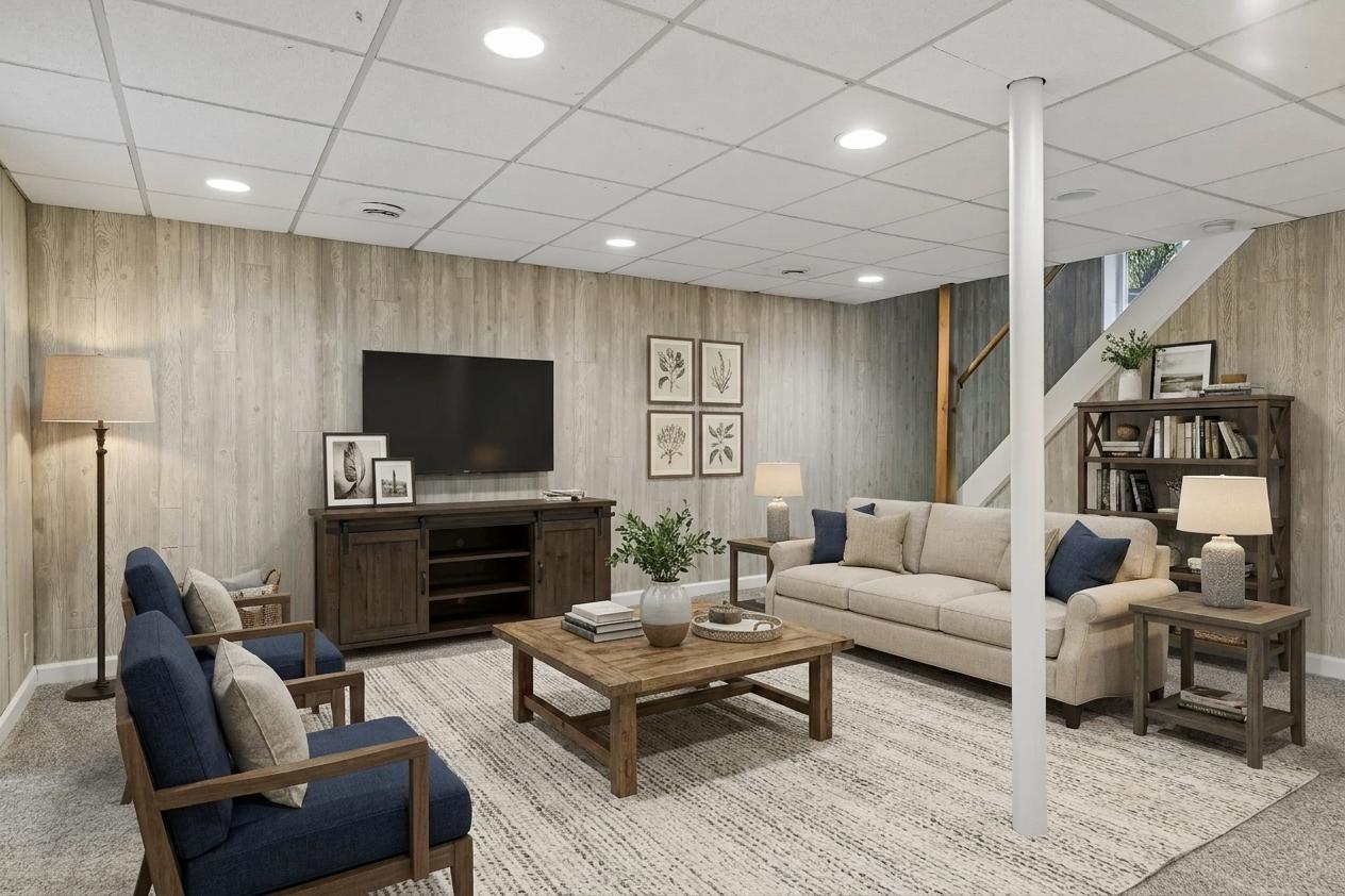Huge lower level family room perfect for watching a movie or relaxing. Virtually staged