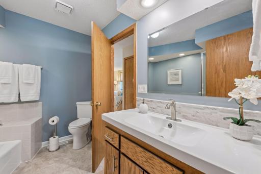 Comfort and convenience in the primary bedroom: direct bathroom access on the left, the hallway ahead, and an exceptionally spacious walk-in closet with new shelving behind the door on the right.
