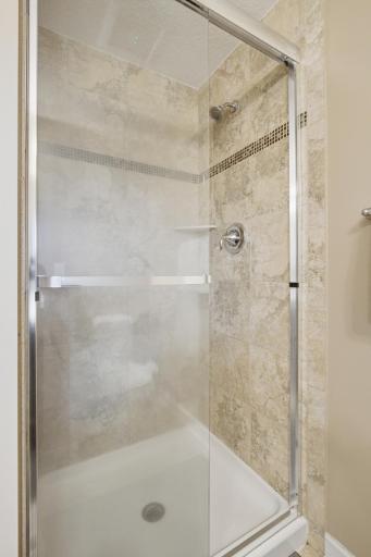 Primary bathroom ceramic tiled step in shower.