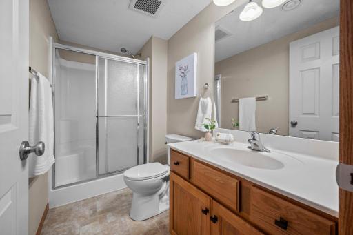The lower level bathroom features a walk in shower with glass doors.
