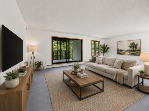 The layout immediately opens into a spacious living room filled with natural light and plush carpeting.