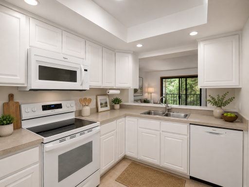 It features ample white cabinetry, tile flooring, counter seating, and great sightlines into the main living spaces.