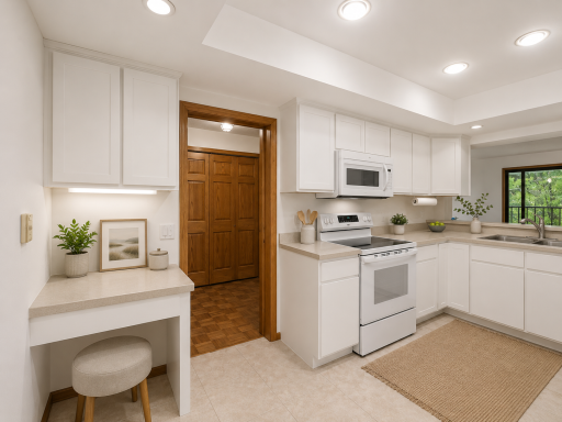 A built-in desk or drop zone adds everyday convenience.