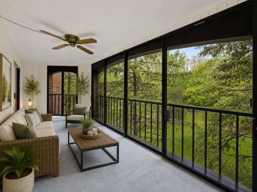 From here, large glass doors extend the living space into an inviting three-season porch, featuring walls of windows overlooking serene green space and an airy, light-filled atmosphere. Overlooking beautiful views of nature.