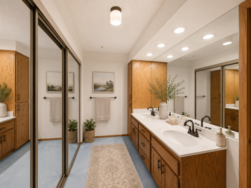 The private ensuite bathroom adds even more storage with an additional closet, dual vanity, walk-in shower, and floor-to-ceiling linen cabinetry, offering outstanding organization and functionality.