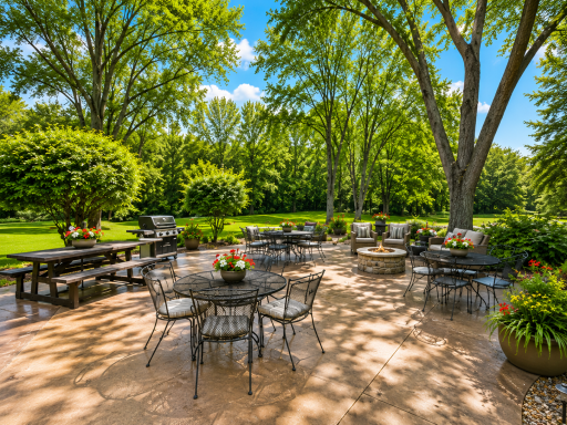 Large outdoor patio with firepit, grills, and seating.