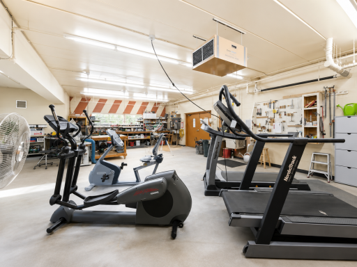 The lower level is packed with amenities, including a fitness center.