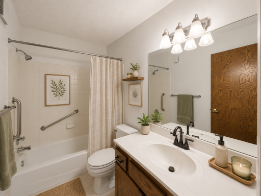 A nearby full bathroom offers a tiled tub and shower combination, tile flooring, a vanity with built-in storage, and additional hall cabinetry for extra convenience.