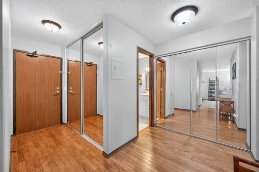 Warm entry with wood floors and mirrored closet doors.