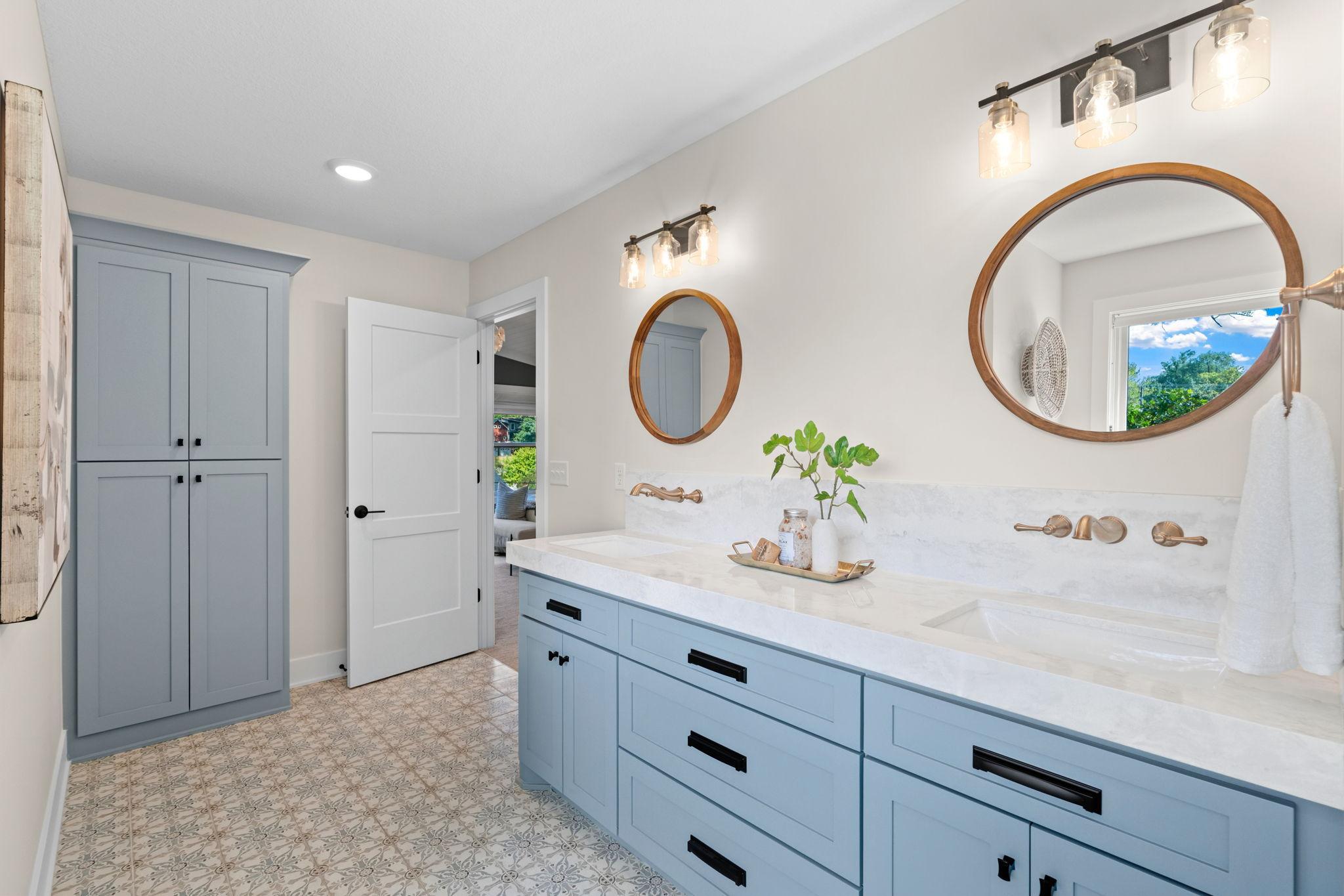 Owners Suite Bathroom - Double, Custom Vanity with Quartz Tops & Wall-Mounted Faucets