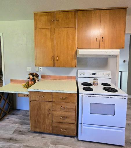 Extra countertop space & cabinets by electric stove.