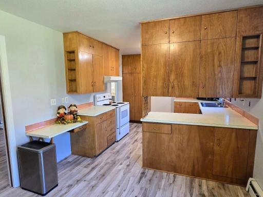 Convenient kitchen cabinet access from dining area.