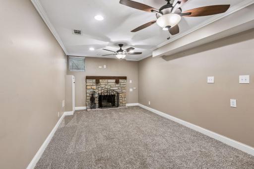 Lower level family room with wood burning fire place
