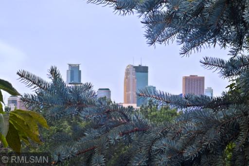 Zoomed in view of the Minneapolis skyline from the sun room
