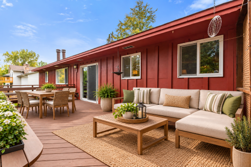 Large freshly stained deck (virtually staged)