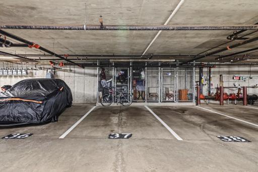 Parking space & storage cage in heated, underground garage
