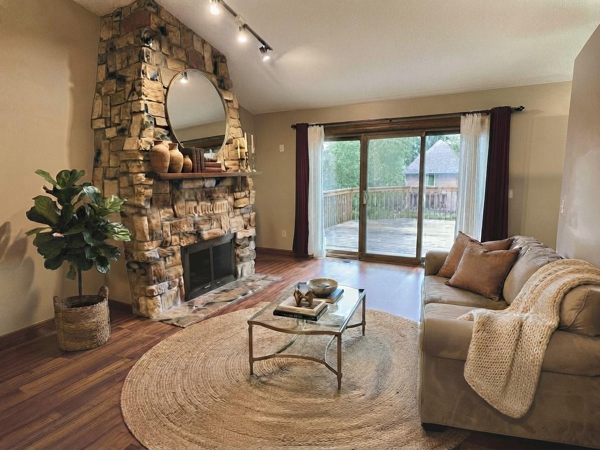 Main floor vaulted living room that leads to newly remodeled deck.