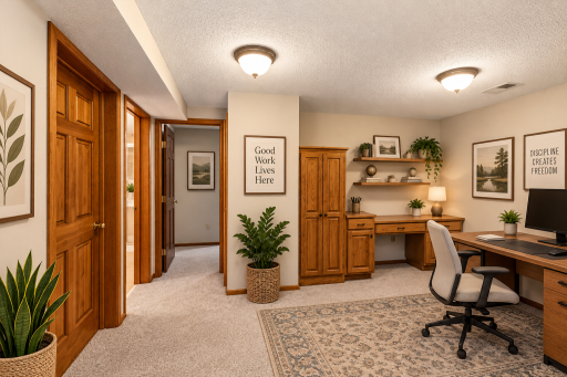 Virtual staged Office in Lower Level - room includes built-ins