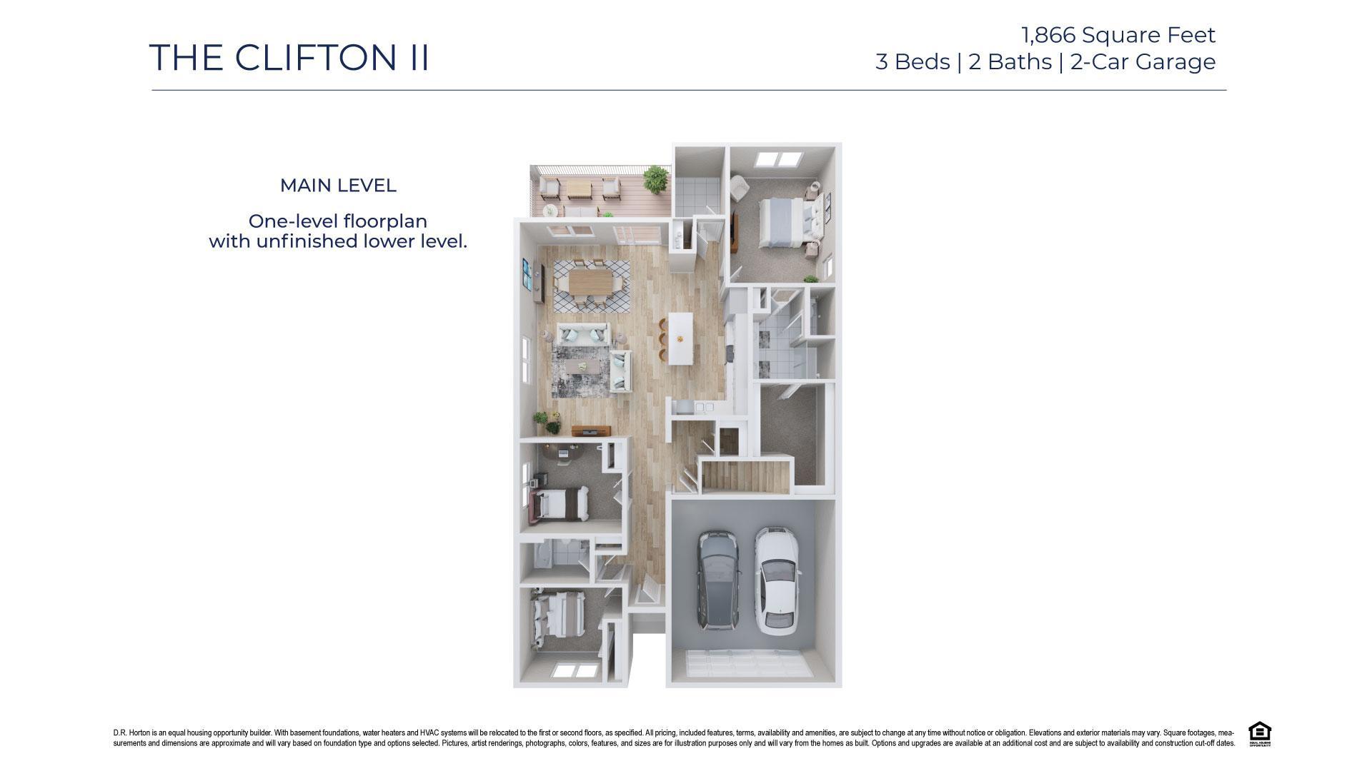 A 3D view of the Clifton with the new kitchen layout. Note the additional counterspace and storage! 3rd stall garage not shown.