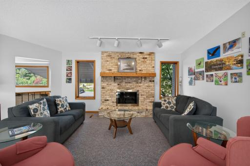 Seating area with fireplace in the clubhouse.