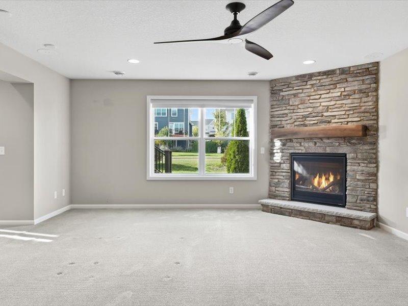 Stacked stone fireplace