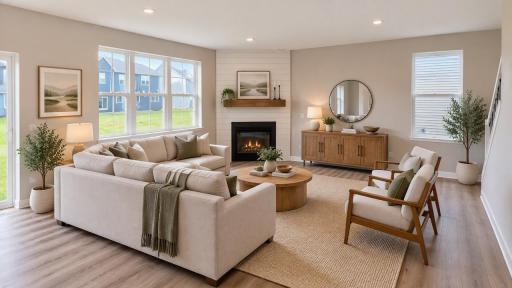 The home's main level family room features a corner gas fireplace. Virtually staged photo, colors and finishes may vary.