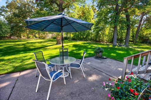 Relax and unwind on the backyard patio overlooking the lush lawn and peaceful, tree-lined surroundings.