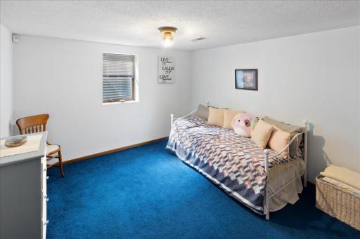Spacious lower-level bedroom featuring neutral walls, carpeting, and a window for natural light. Plenty of room for a bedroom set, guest accommodations, or additional living space.