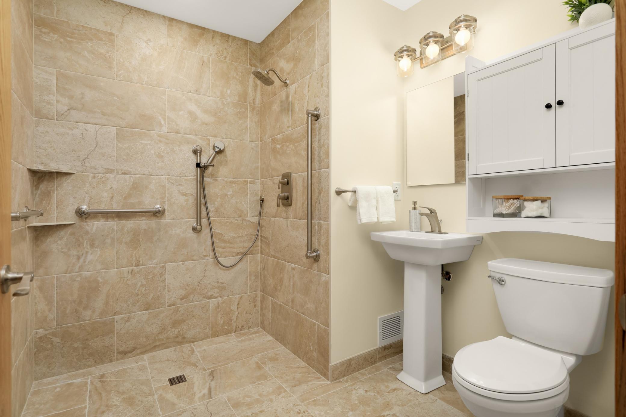 Zero entry shower on main level just down from the main floor bedroom. Finished in 2025.