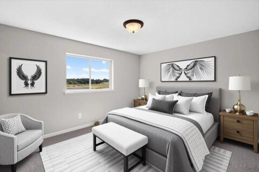 Primary Suite, Virtually Staged. Photo taken of another home with similar plan and finishes.