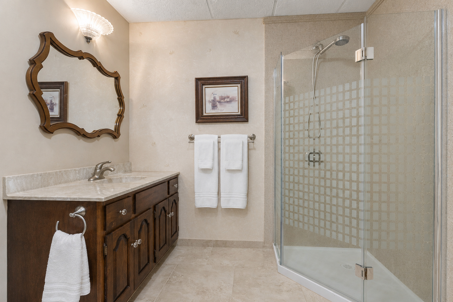 Lower level, three-quarter bath (virtually staged)