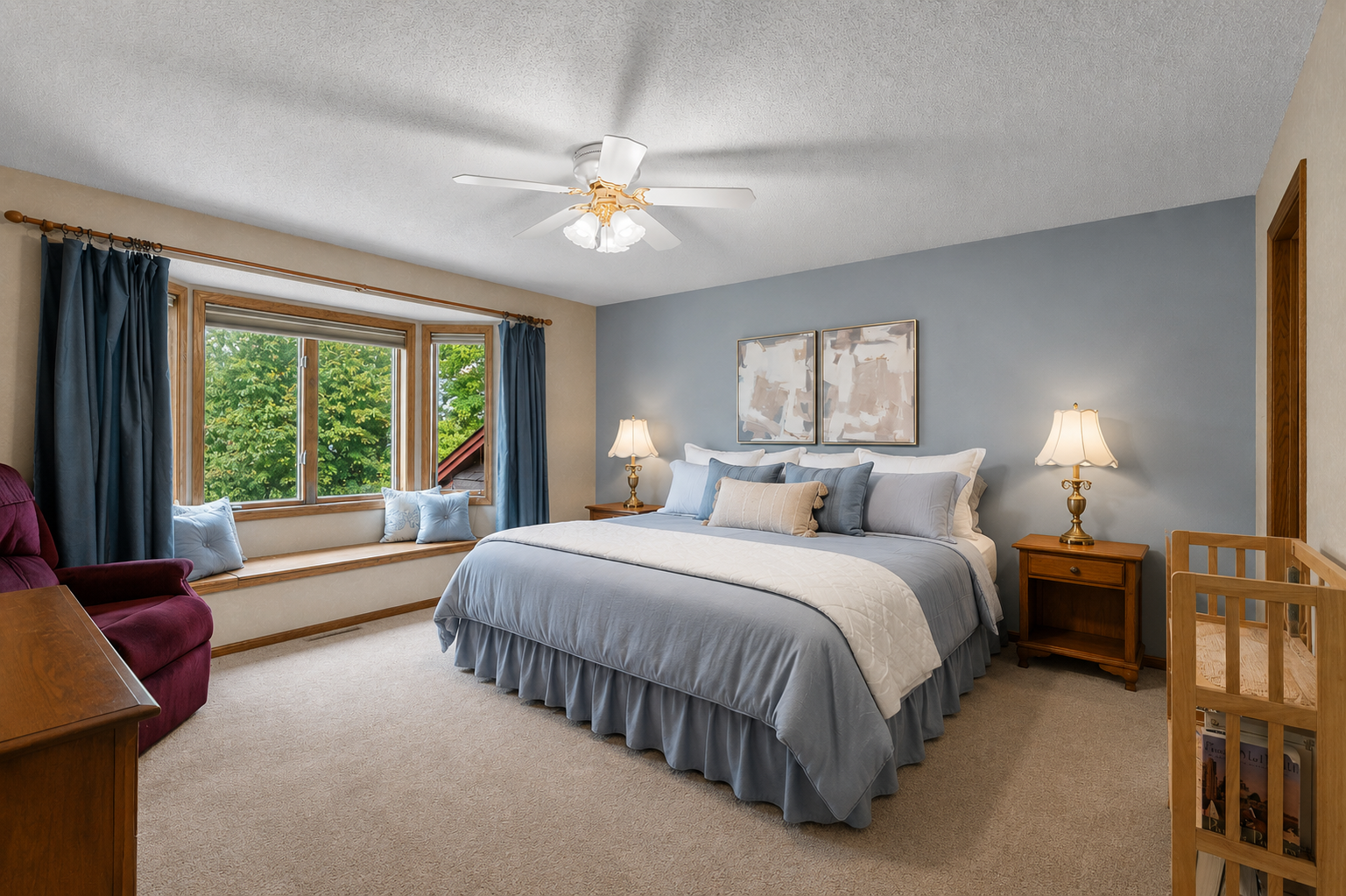Primary Bedroom Suite , has a bay window seat, a full bathroom with separate jacuzzi tub and shower, and a walk-in closet