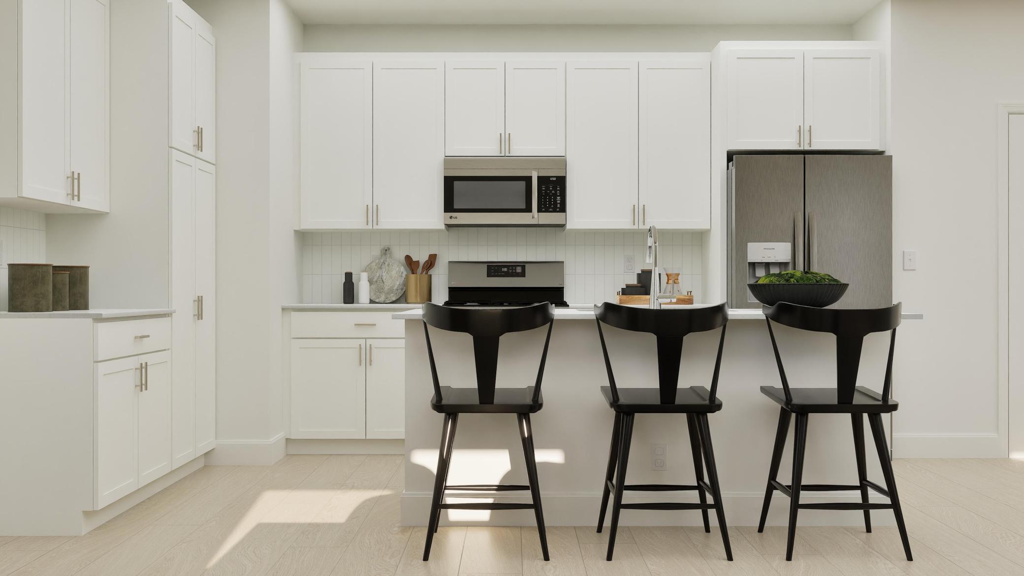 (Rendering, actual home's finishes will vary.) Well-equipped for home chefs, this stylish kitchen features a versatile center island, plenty of cabinet space and a new stainless steel appliance package to simplify cooking projects.