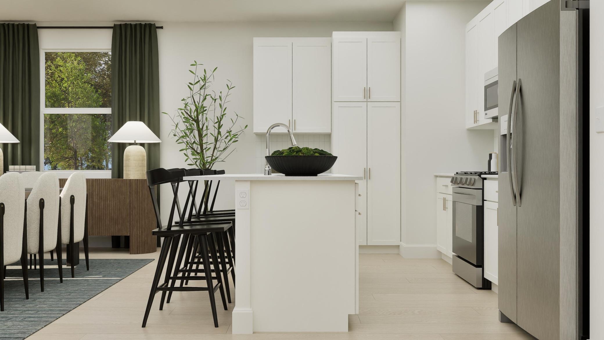 (Rendering, actual home's finishes will vary.) Besides an overhang to add casual seating space, the multifunctional center island has a stainless steel sink to quickly clean up leftover messes