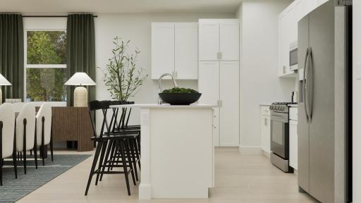 (Rendering, actual home's finishes will vary.) Besides an overhang to add casual seating space, the multifunctional center island has a stainless steel sink to quickly clean up leftover messes