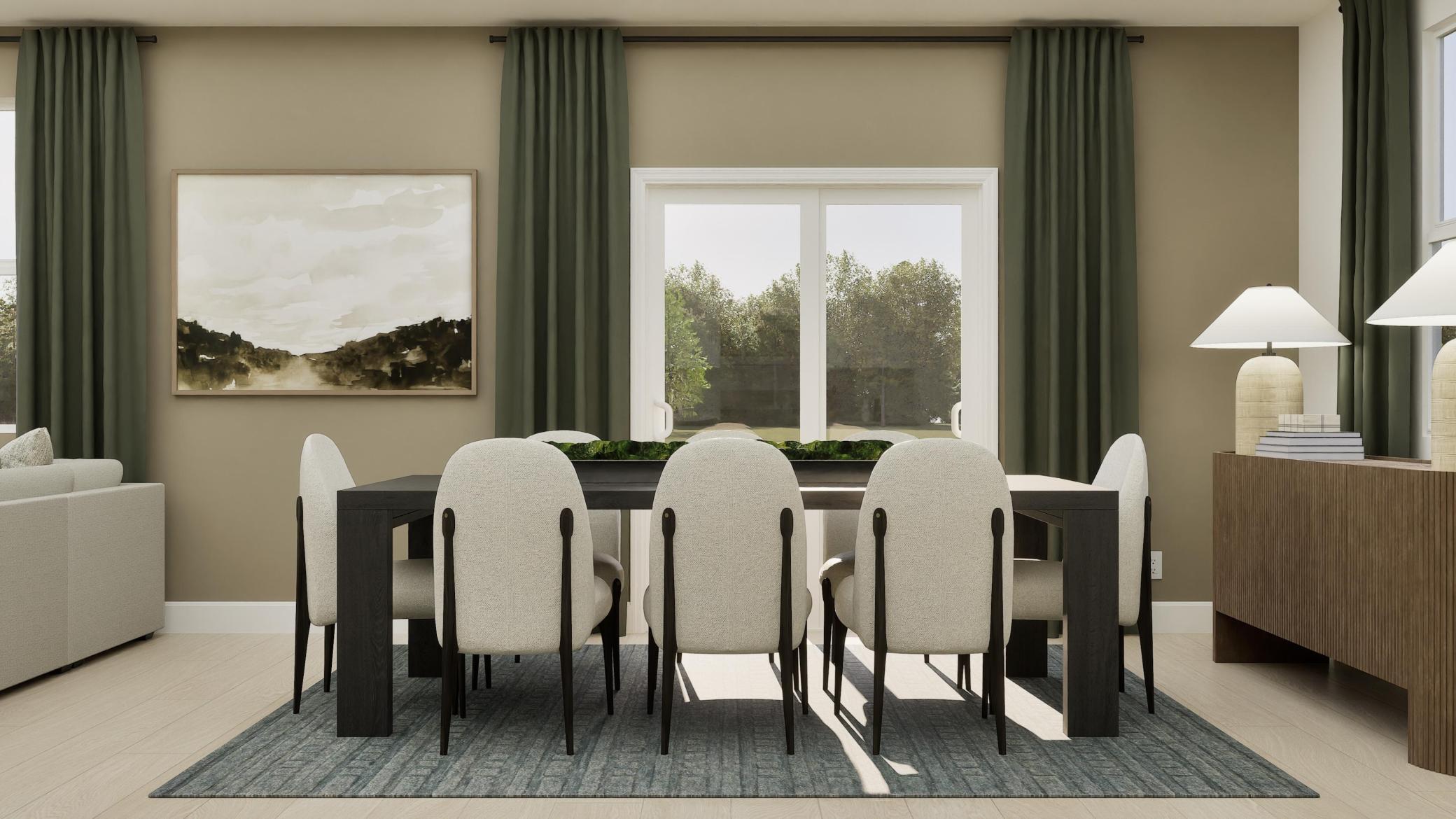 (Rendering, actual home's finishes will vary.) Connected seamlessly to the Great Room and kitchen, the dining room provides a space for residents to enjoy meals at all times of day and night.