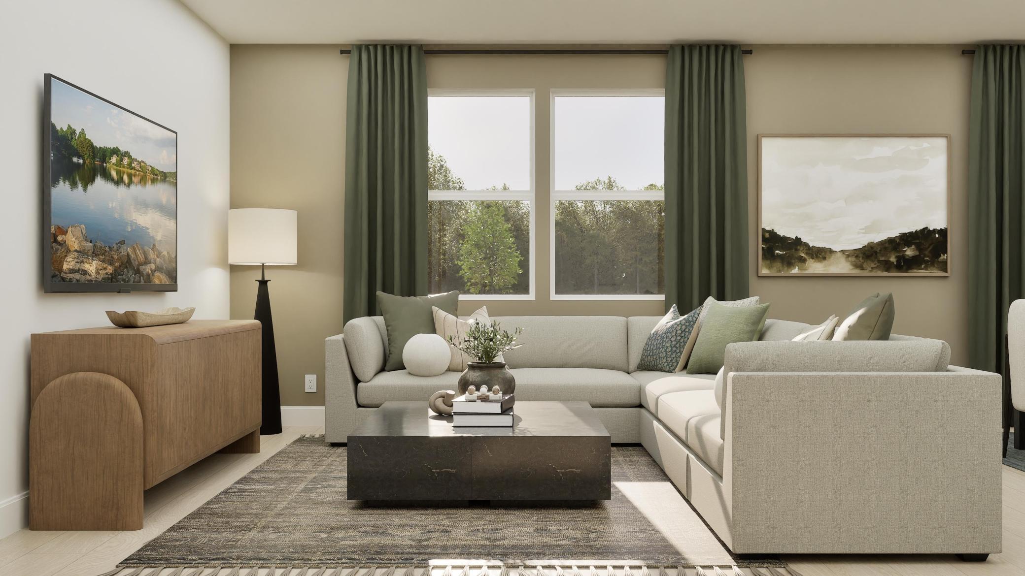 (Rendering, actual home's finishes will vary.) The Great Room has plenty of space for a large couch and a sleek TV system to watch shows, games and movies