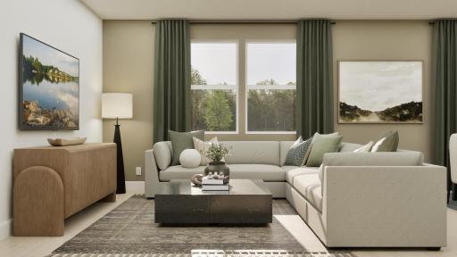 (Rendering, actual home's finishes will vary.) The Great Room has plenty of space for a large couch and a sleek TV system to watch shows, games and movies