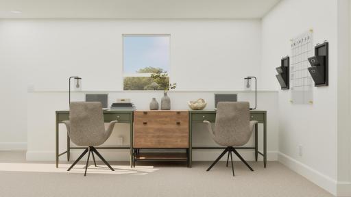 (Rendering, actual home's finishes will vary.) The upstairs loft is a versatile space that can be used for studying, doing homework and concentrating on important projects, as itâs furnished here.