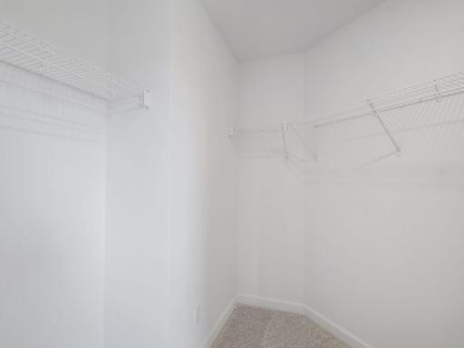 The oversized walk-in closet with mesh-wire shelving provides ample room to store summer and winter wardrobes