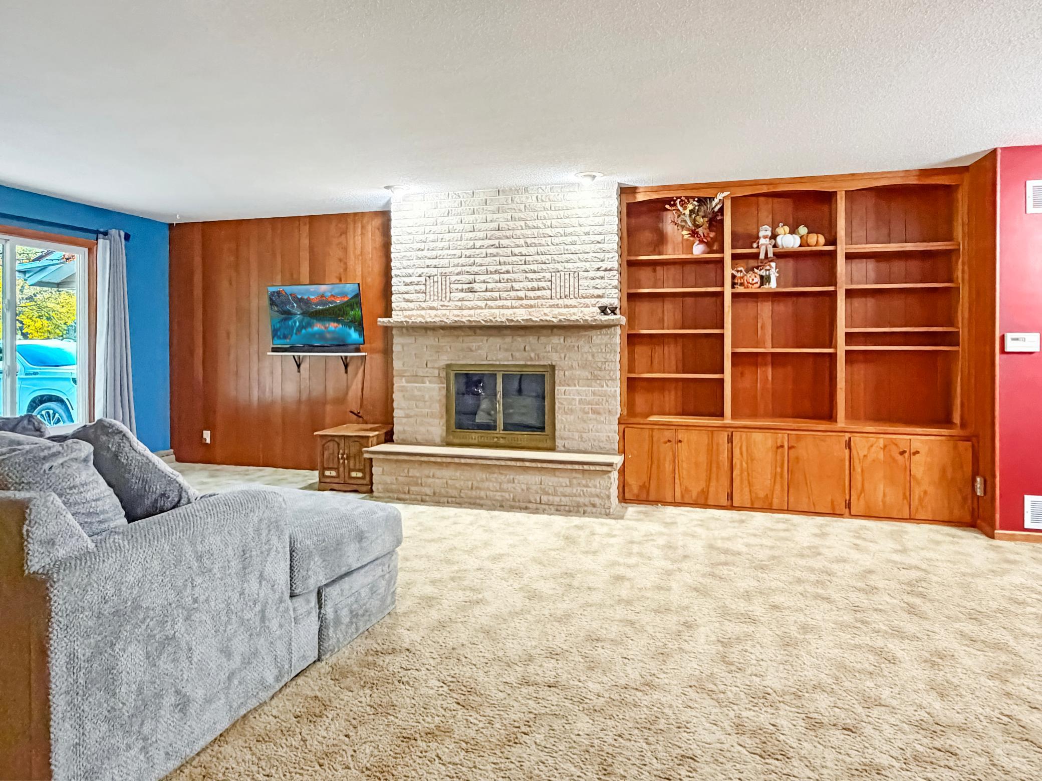Brick fireplace with built ins