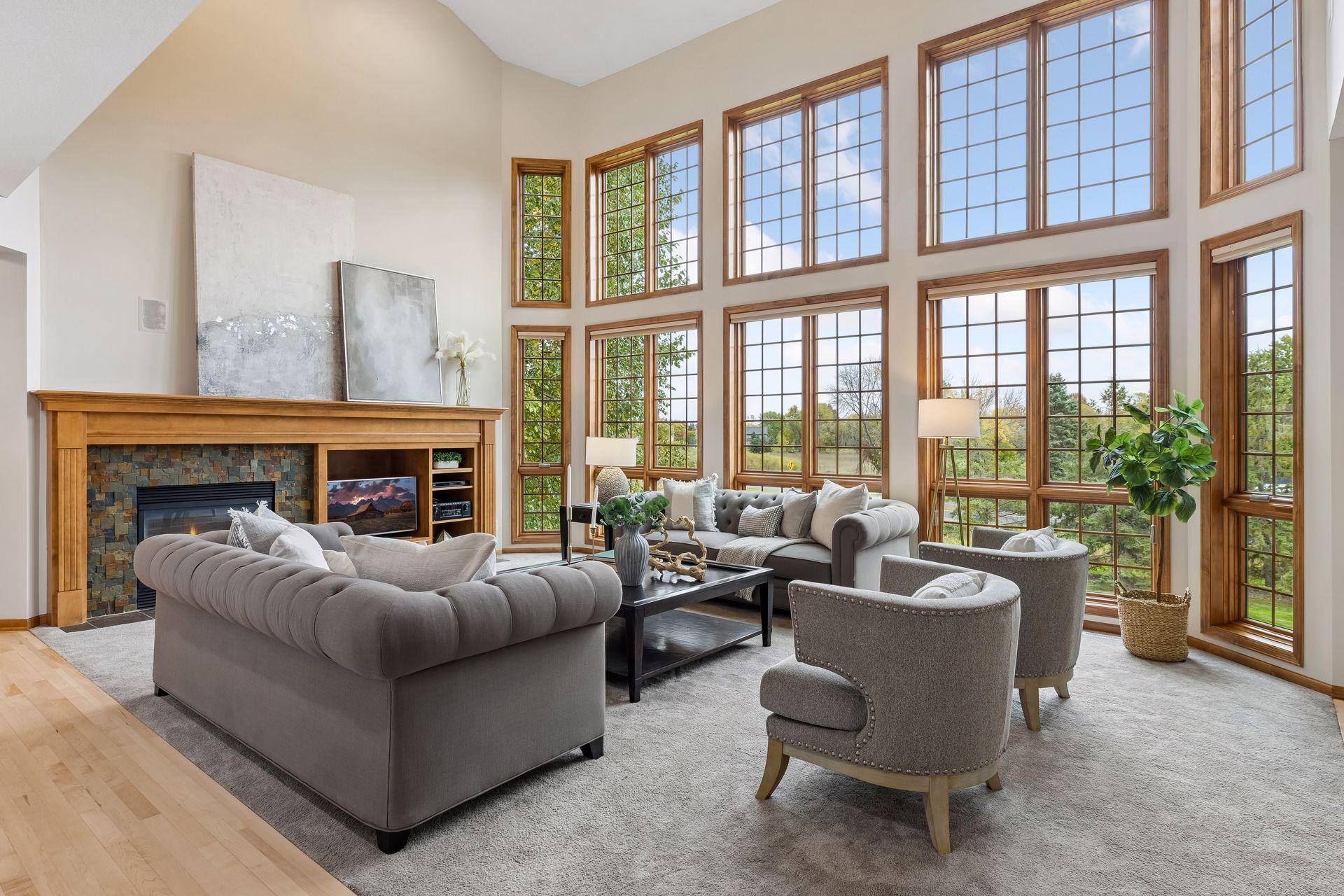 2 story living room with fireplace