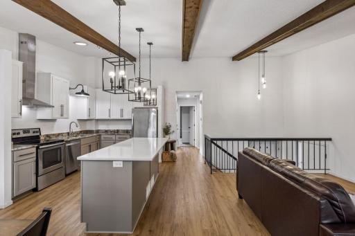 Main floor living with vaulted wood beams