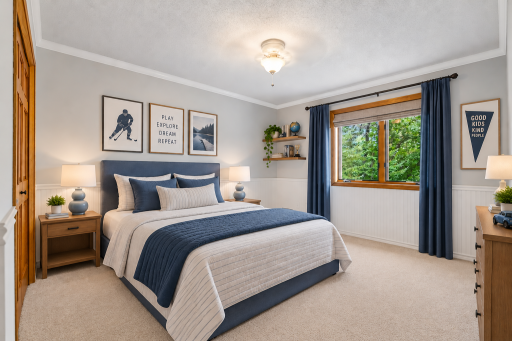 Two additional bedrooms and a full bathroom complete the upper level. Photo has been digitally staged.